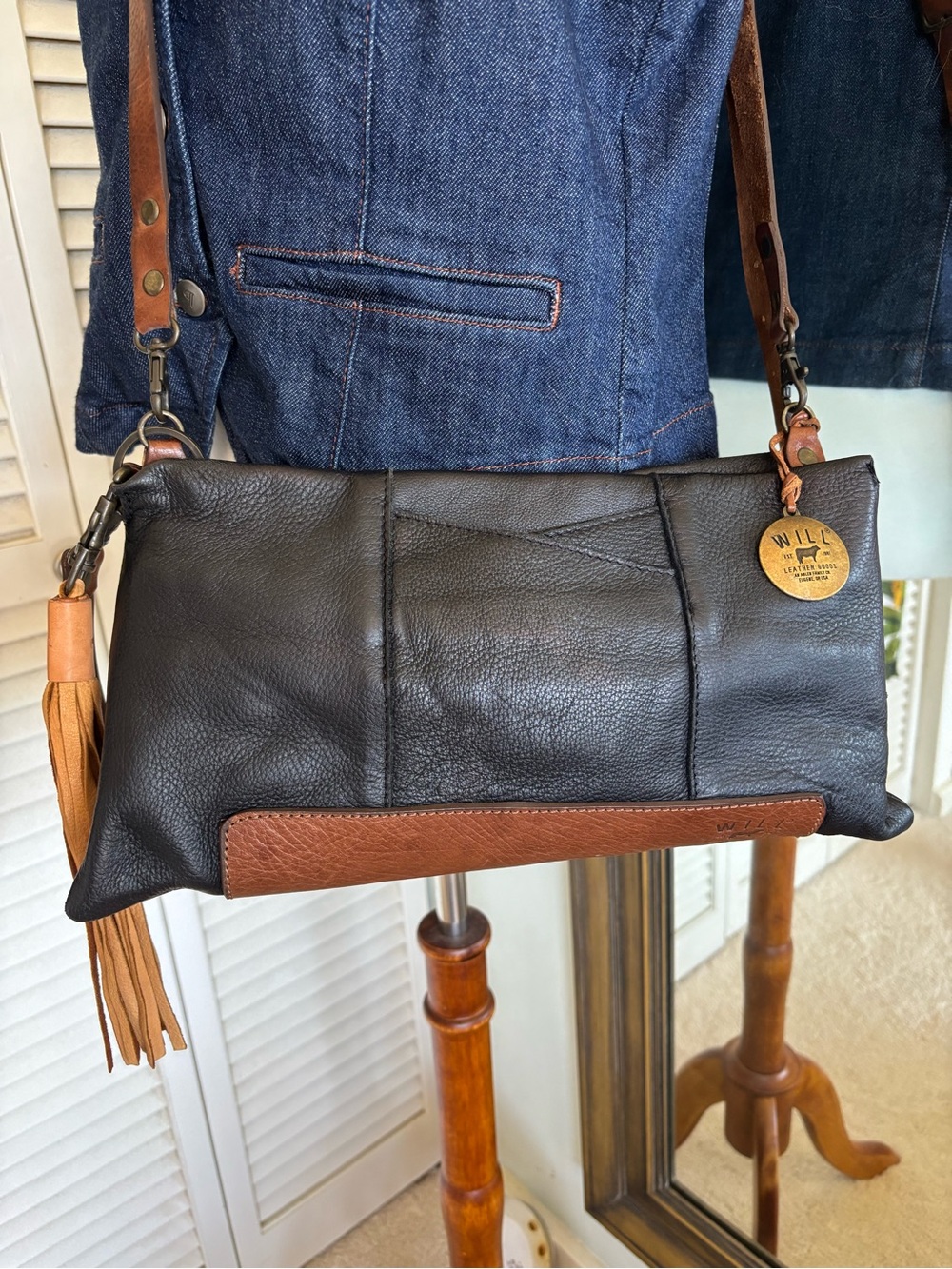 Will Leather Goods Black Leather crossbody or clutch with Brown Trim and Tassel